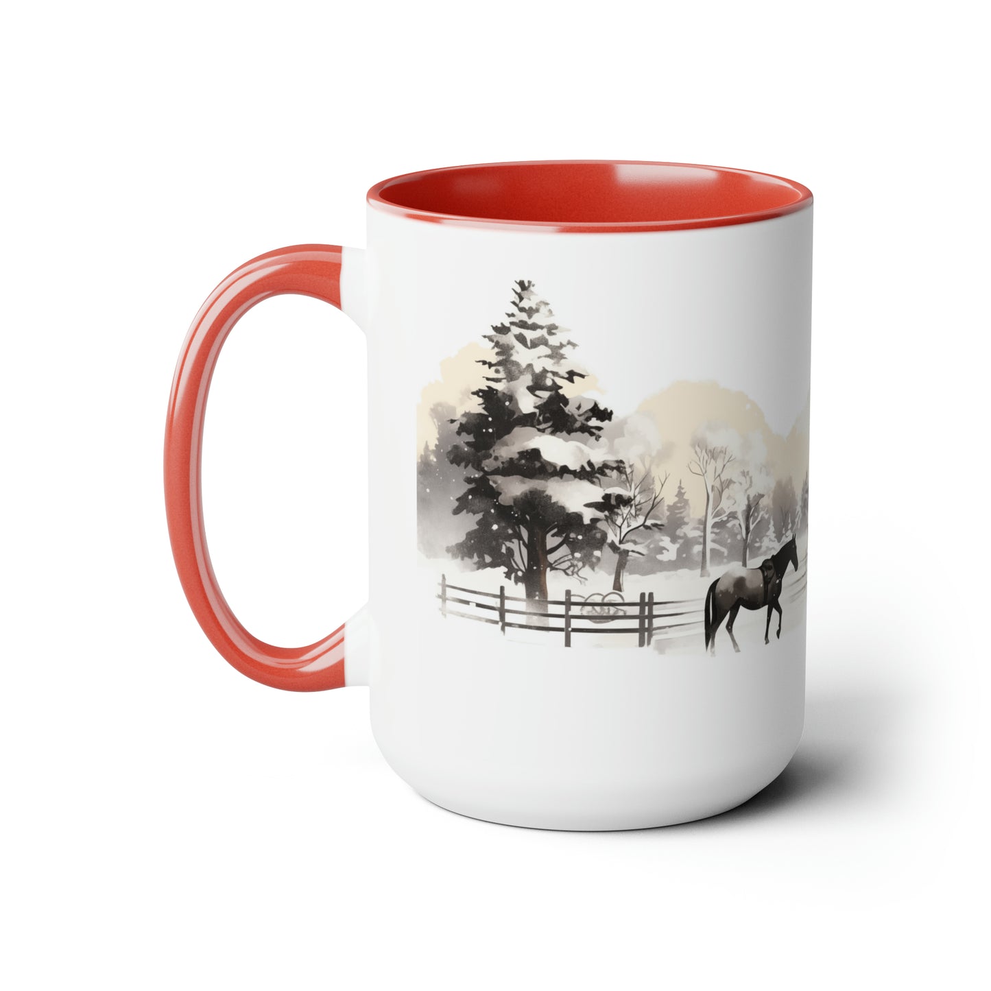 Winter Wonderland Horse and Barn Illustration Coffee Mug, 15oz